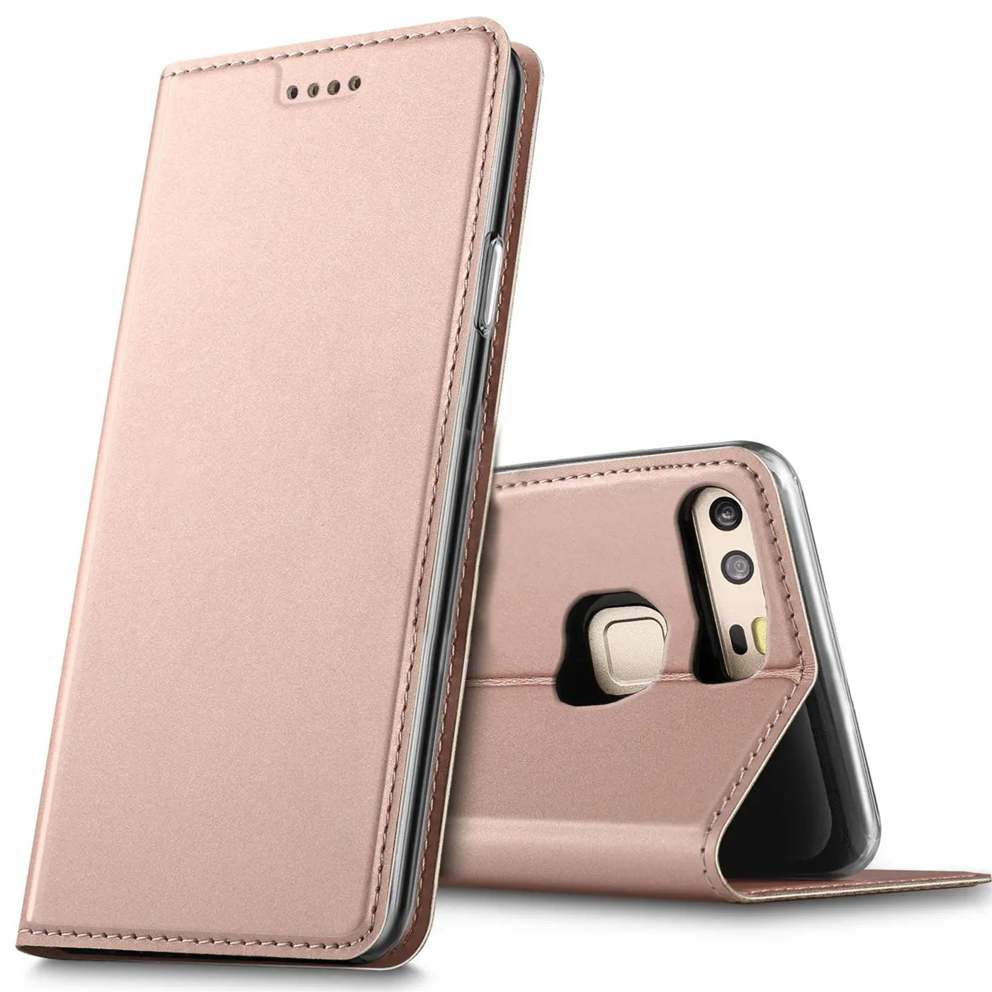 Roséfarbene Klapphülle aus Lederimitat für Huawei P9, von vorne und hinten gezeigt.