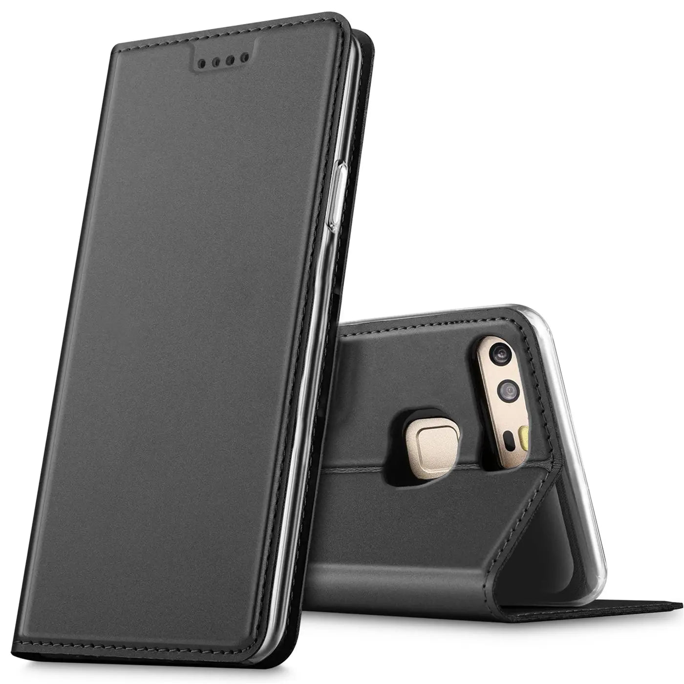 Schwarze Leder-Flip-Hülle für Huawei P9, von vorne und hinten gezeigt.