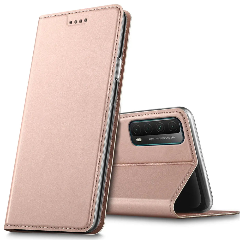 Roségoldene Klapphülle aus Kunstleder für Huawei P Smart 2021, von vorne und hinten gezeigt.