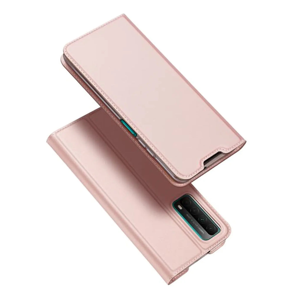 Metallic rosegoldene Klapphülle aus Lederimitat für Huawei P Smart 2021, von oben schräg fotografiert.