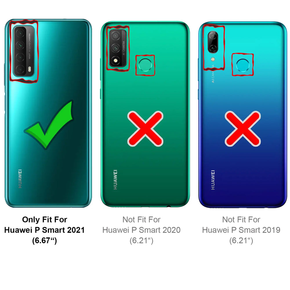 Drei Huawei-Smartphones, Rückansicht, grün/blau, mit Kamera-Ausschnitten und Häkchen/Kreuzen.