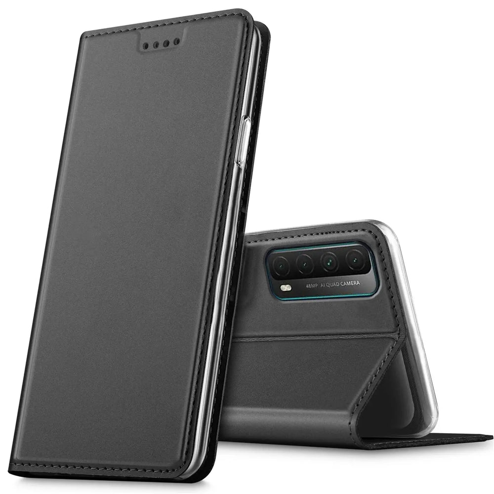 Dunkelgraue Kunstleder-Flip-Hülle, seitliche Ansicht, zeigt Huawei P Smart 2021 Rückseite