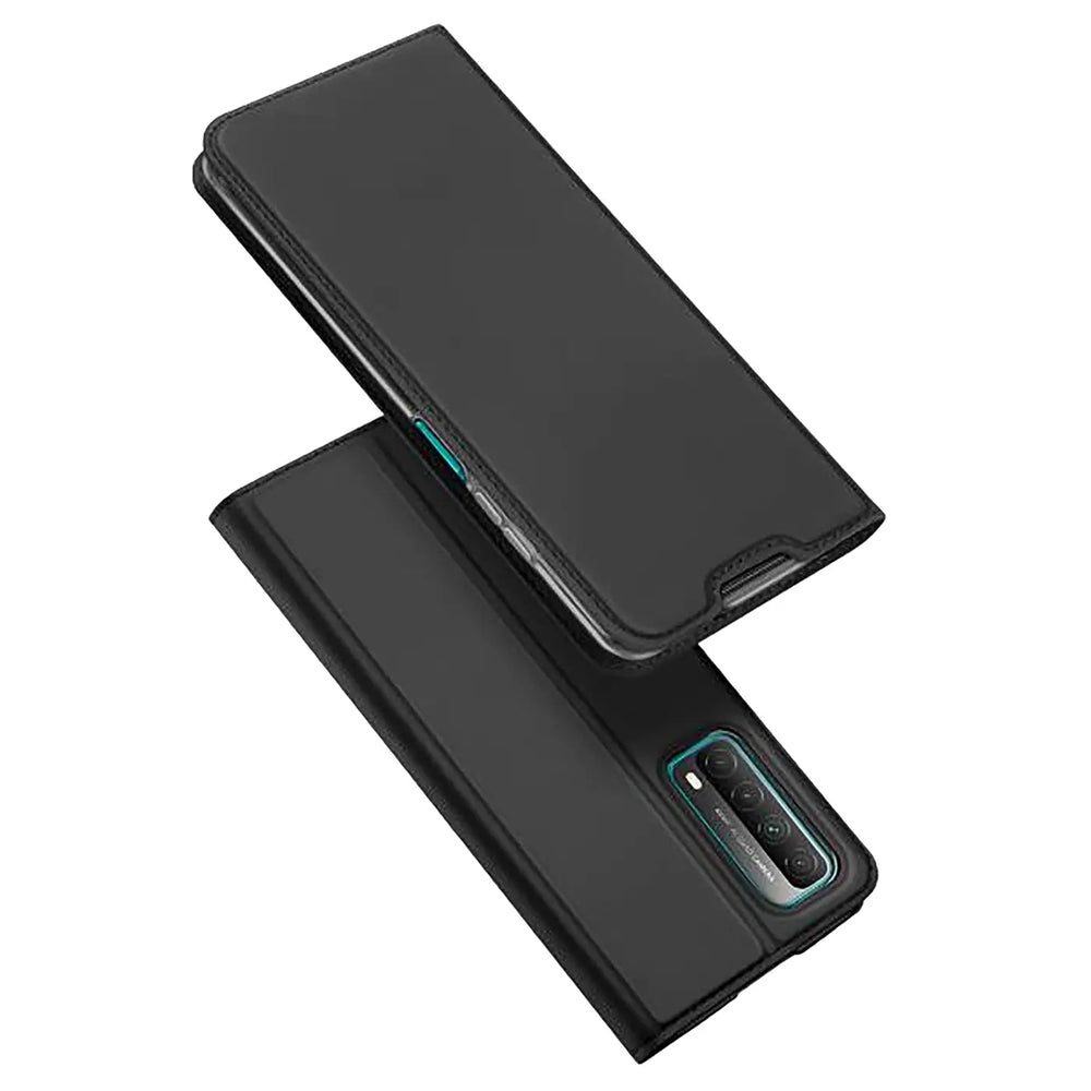 Schwarze Kunstleder-Flip-Hülle für Huawei P Smart 2021, von oben schräg fotografiert.