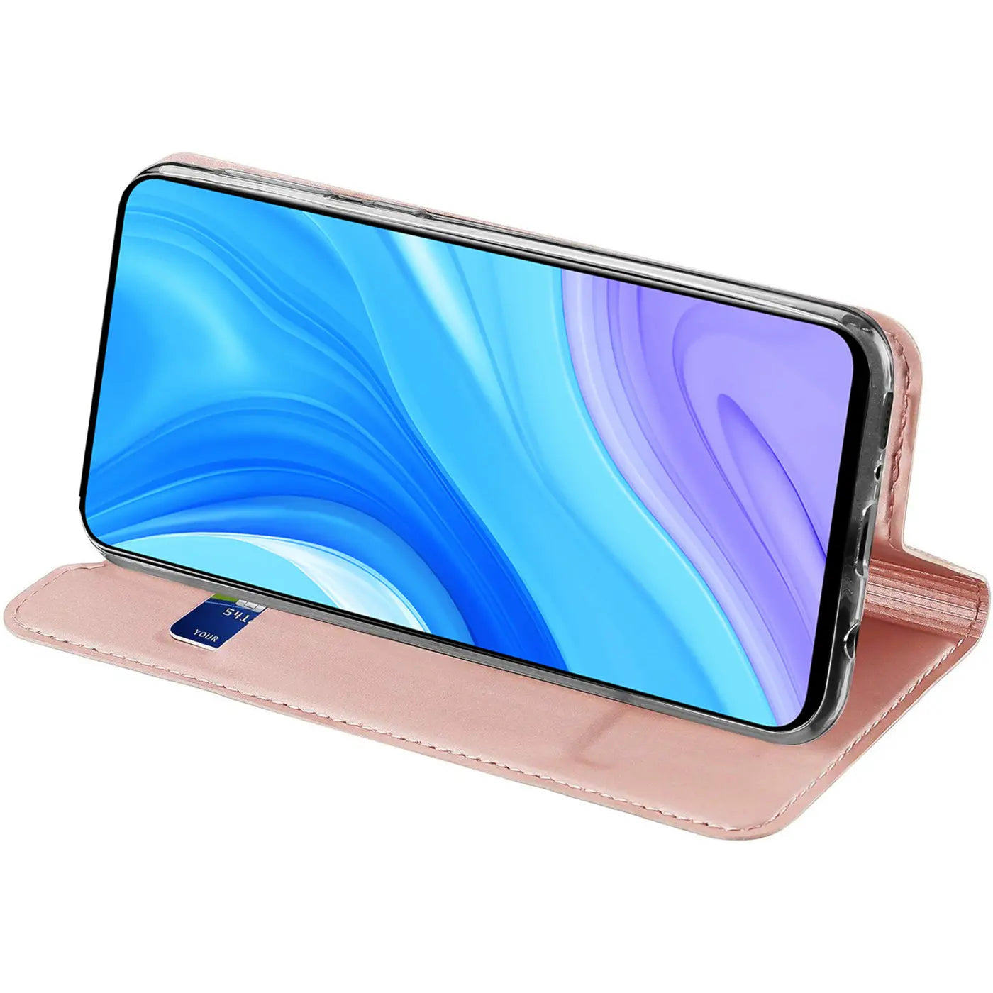 Rosa Kunstleder-Flip-Hülle mit Handy, von vorne schräg.