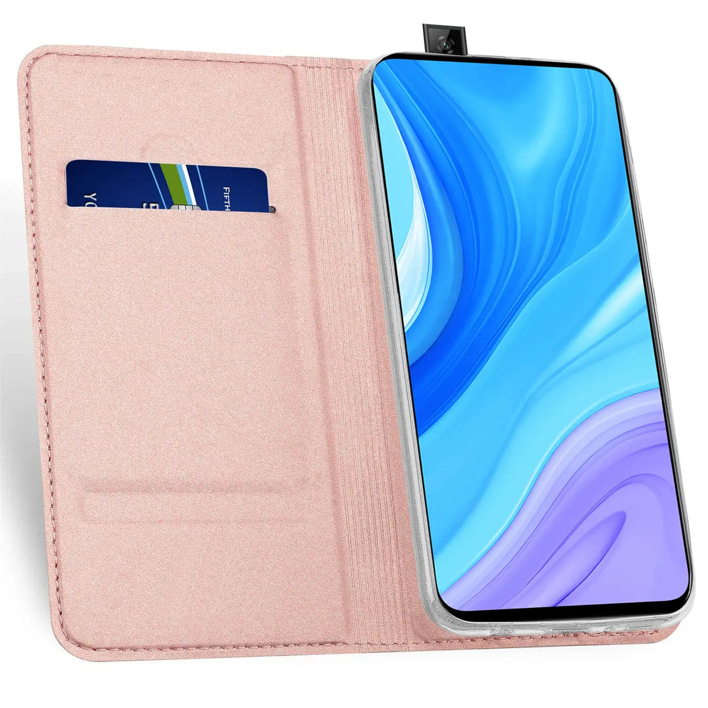 Rosa Kunstleder-Flip-Hülle mit Kartenfach, zeigt Huawei P Smart Pro.
