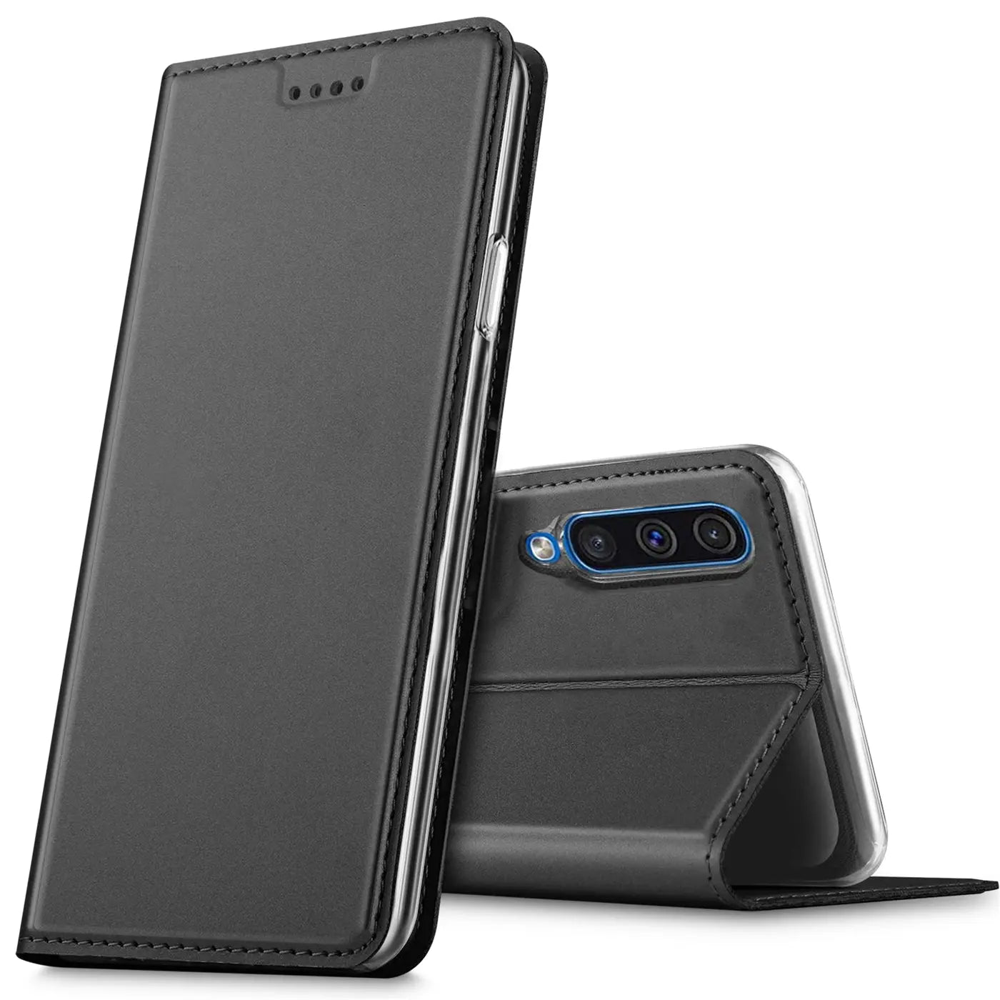 Dunkelgraue Kunstleder-Flip-Hülle, seitliche Ansicht, zeigt Huawei P Smart Pro/Honor 9X Pro.