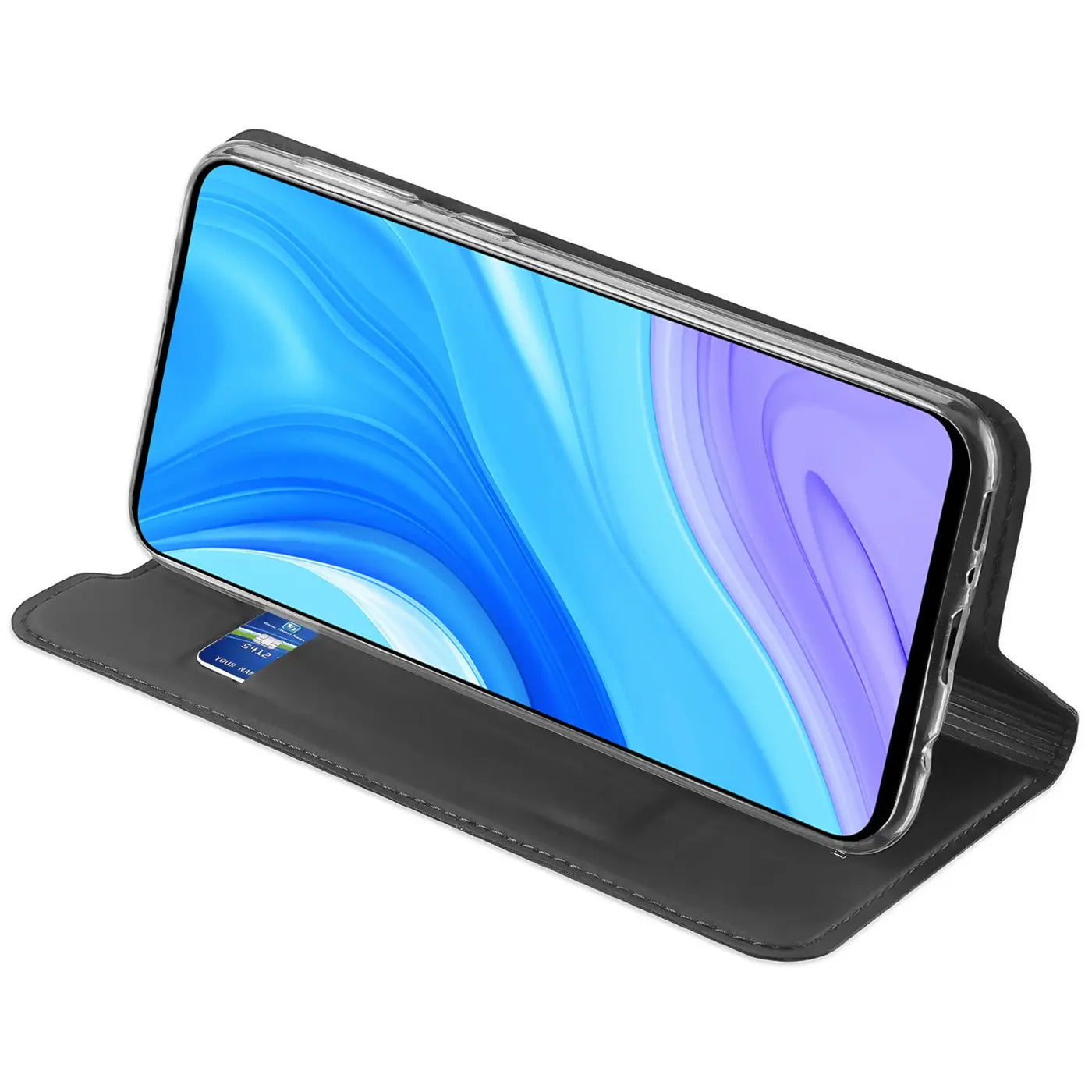 Dunkelgraue Leder-Flip-Hülle mit integrierter Karte für Huawei P Smart Pro / Honor 9X Pro.