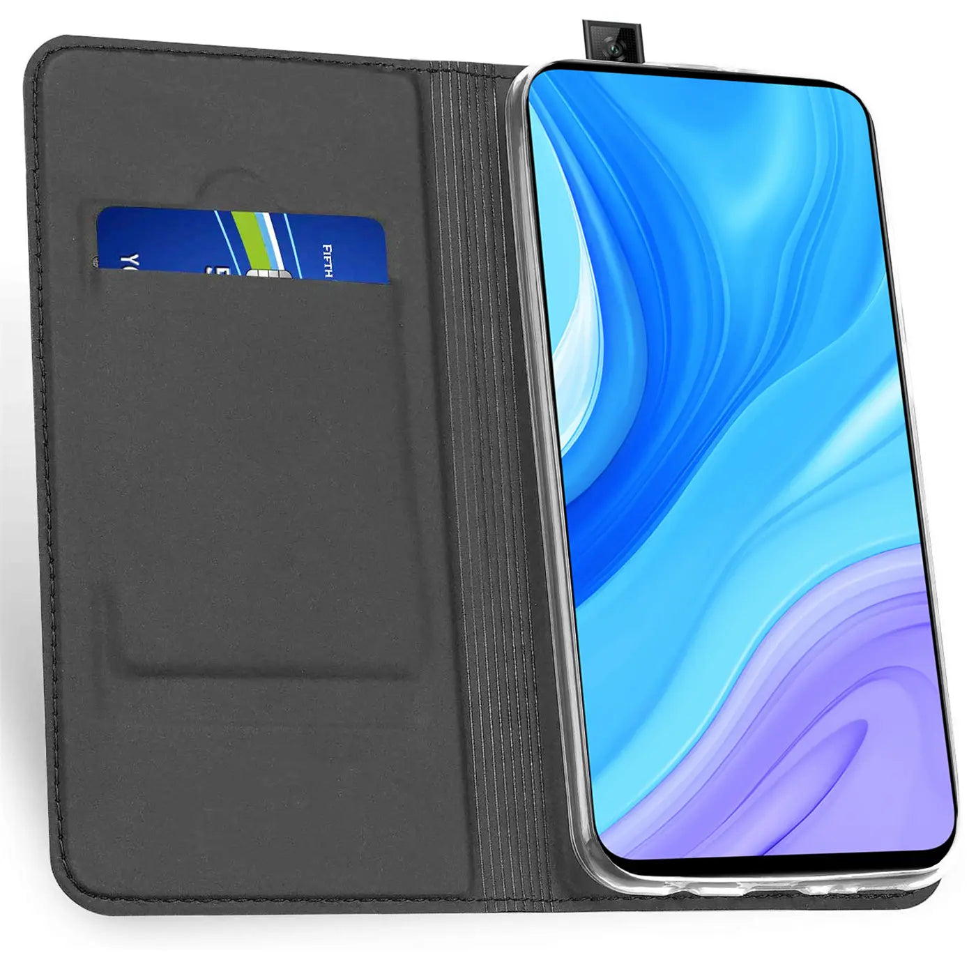 Graue Kunstleder-Flip-Hülle mit Kartenfach, zeigt Huawei P Smart Pro mit ausgefahrener Frontkamera.