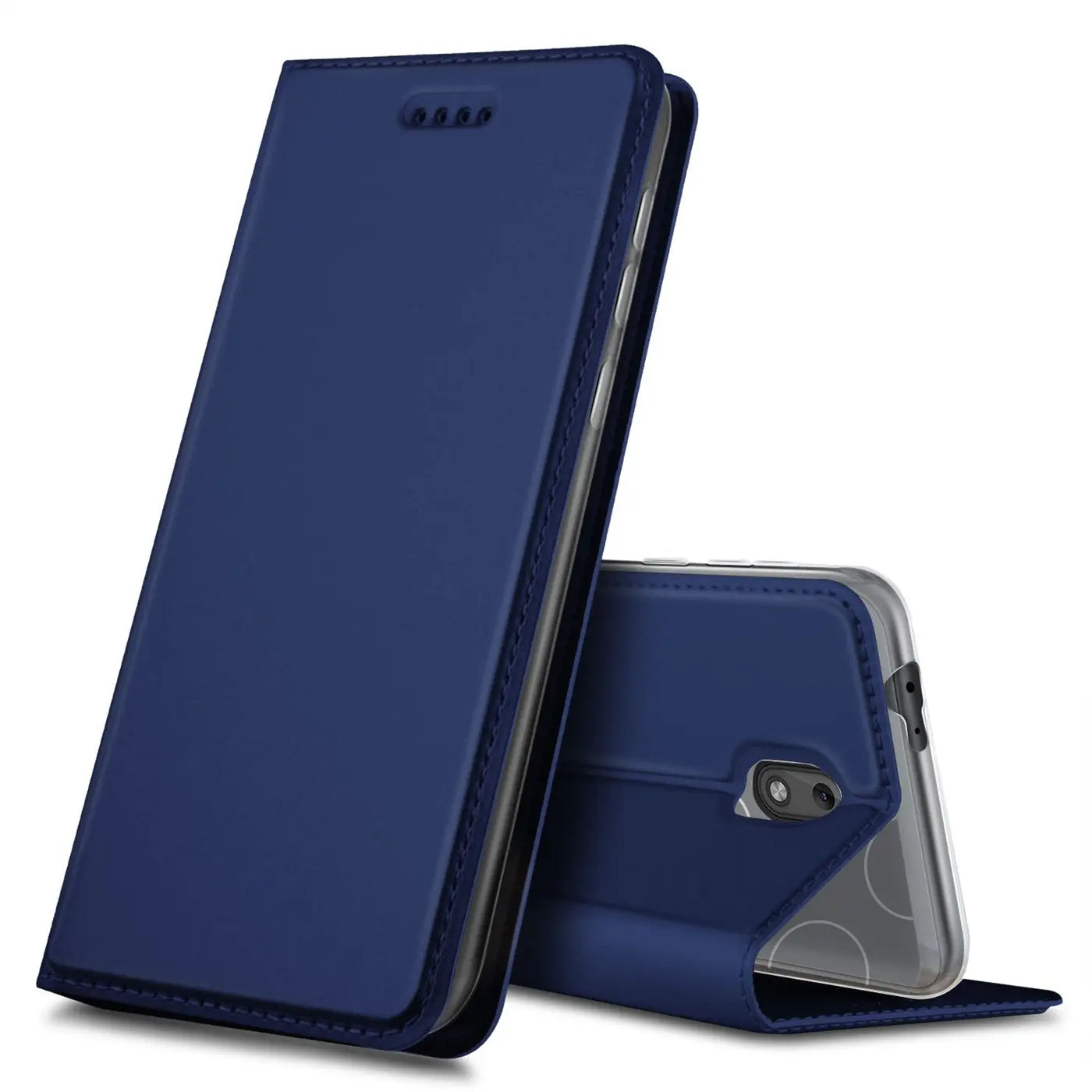 Blaue Leder-Flip-Hülle für Nokia 1.3, von vorne, geschlossen und geöffnet.