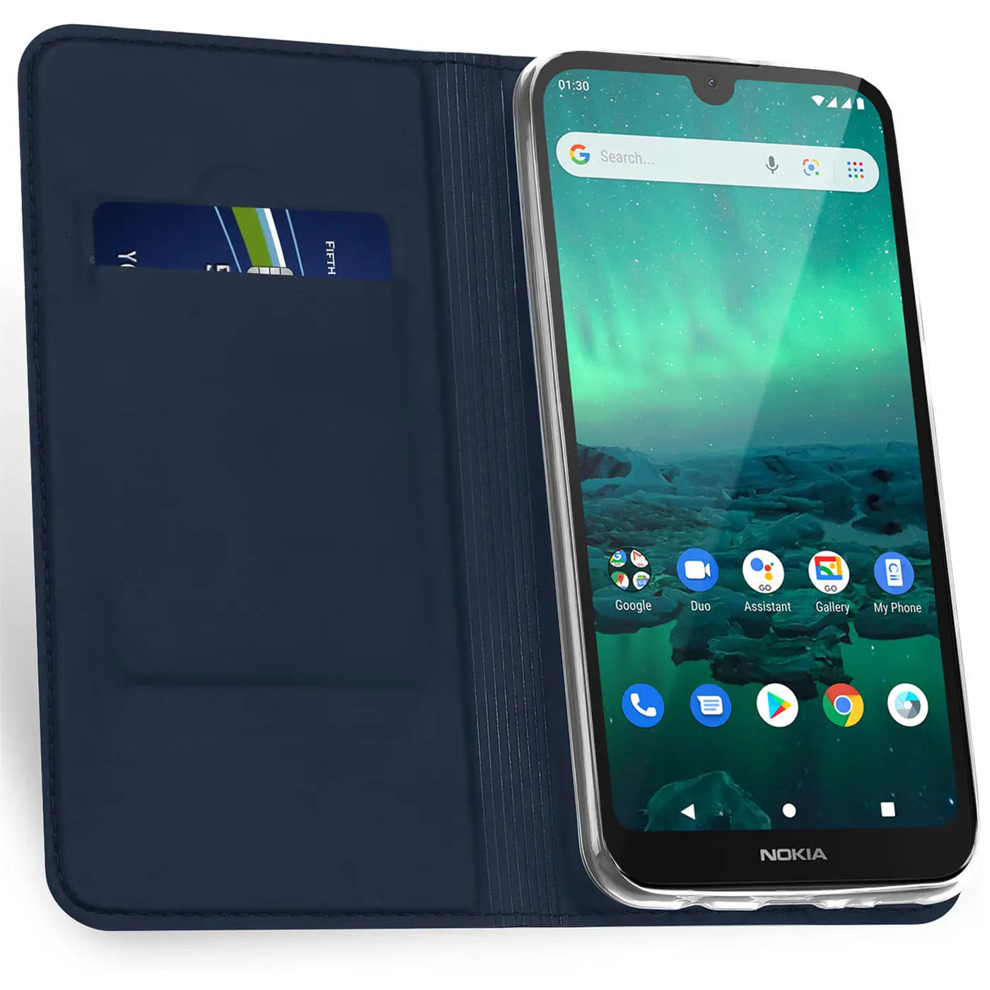 Dunkelblaue Klapphülle aus Leder mit Kartenfach, zeigt Nokia 1.3 von vorne.