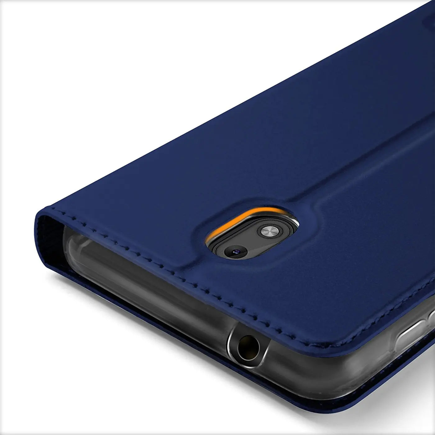 Dunkelblaue Leder-Flip-Hülle für Nokia 1.3, Nahaufnahme, Rückseite mit Kamera