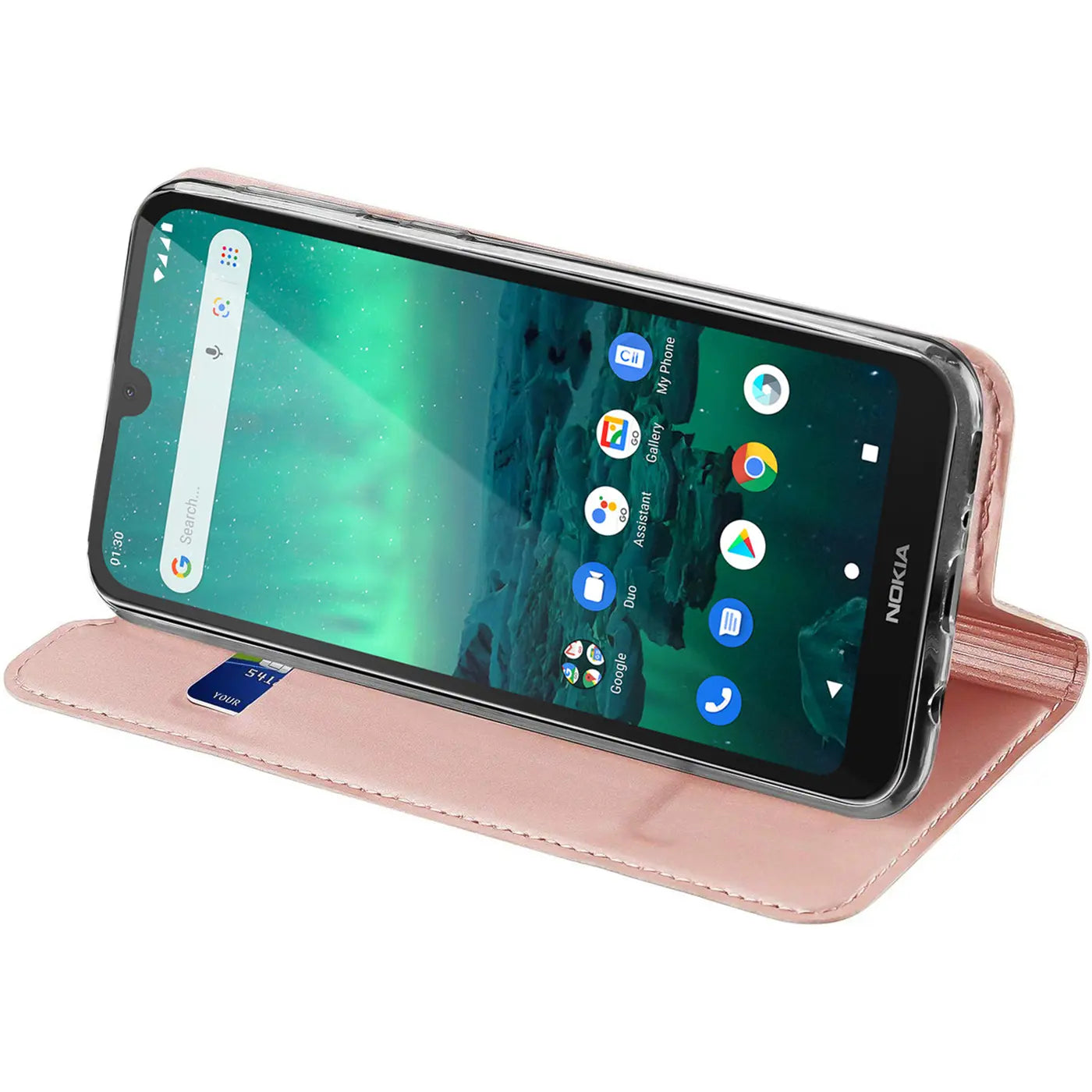 Rosa Leder-Flip-Hülle mit Nokia 1.3, von vorne schräg fotografiert.