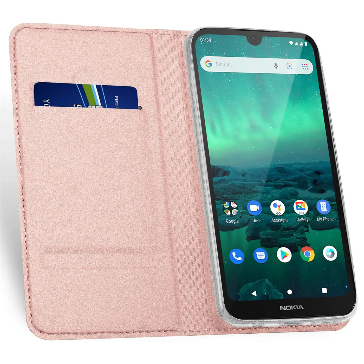 Rosa Klapphülle aus Kunstleder mit Kartenfach, zeigt Nokia 1.3 von vorne.