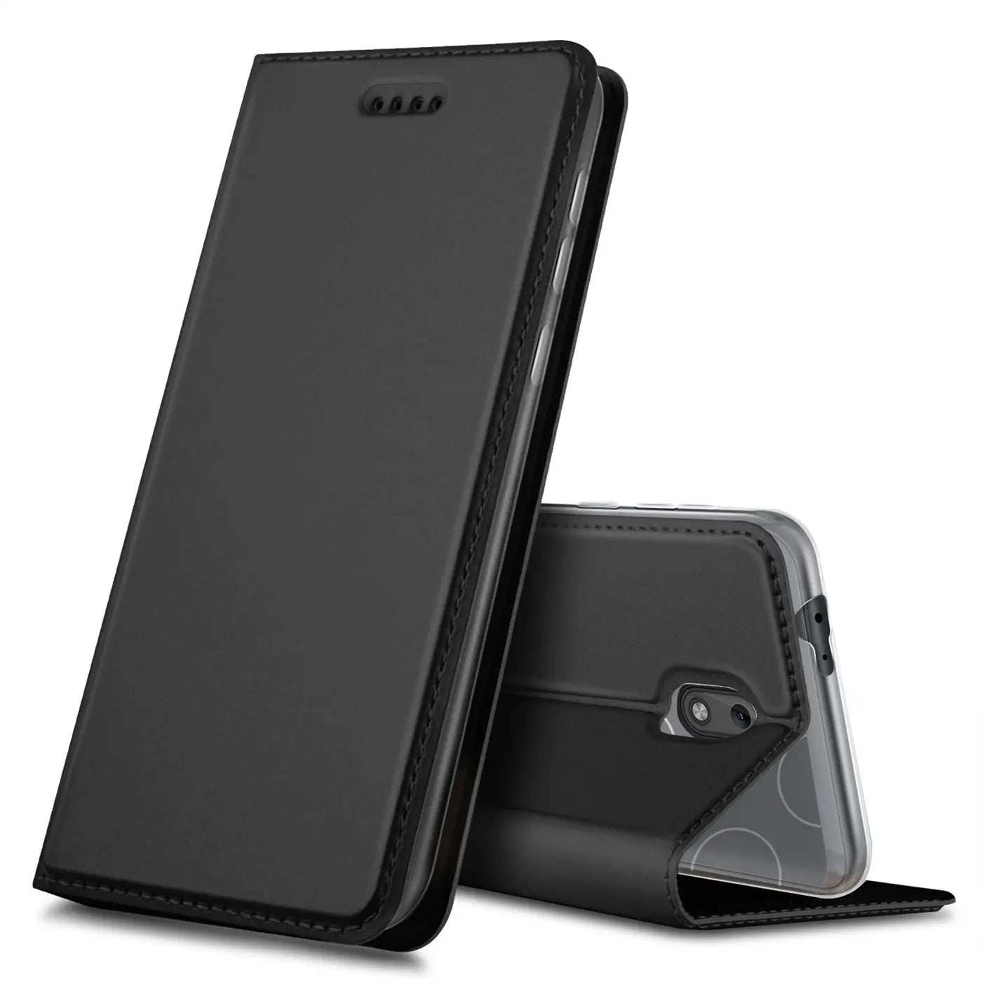 Schwarze Klapphülle aus Kunstleder für Nokia 1.3, von vorne/oben fotografiert.