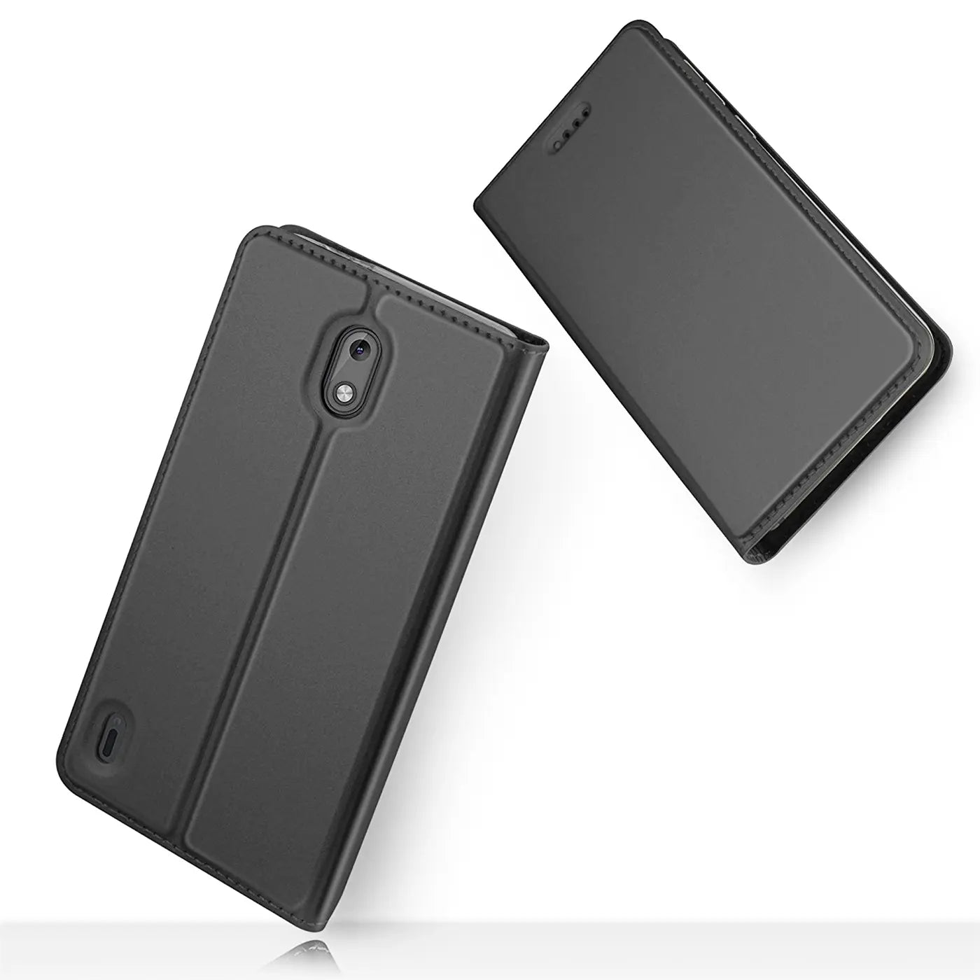 Graue Kunstleder-Flip-Hülle für Nokia 1.3, von vorne/oben gezeigt.