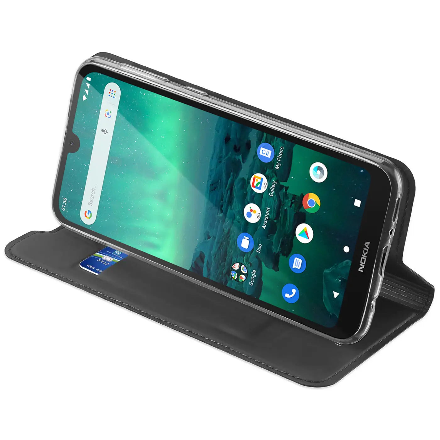Graue Kunstleder-Flip-Hülle mit Kartenfach für Nokia 1.3, von vorne schräg gezeigt.