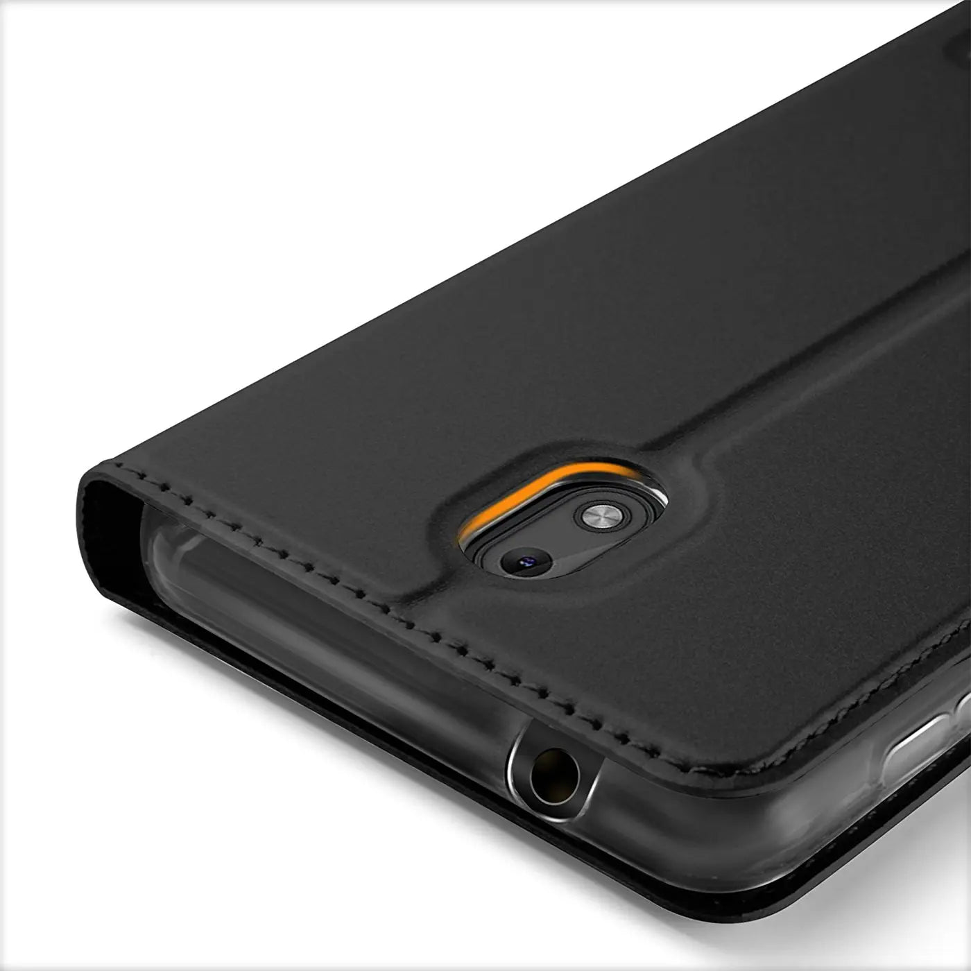 Schwarze Leder-Flip-Hülle für Nokia 1.3, Nahaufnahme, Rückseite mit Kameraaussparung.
