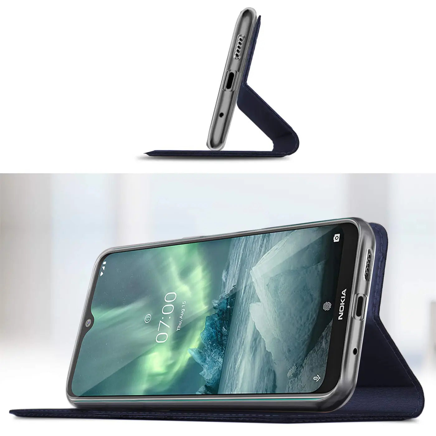 Dunkelblaue Klapphülle aus Kunstleder mit Ständerfunktion für Nokia 1.3, Seitenansicht.