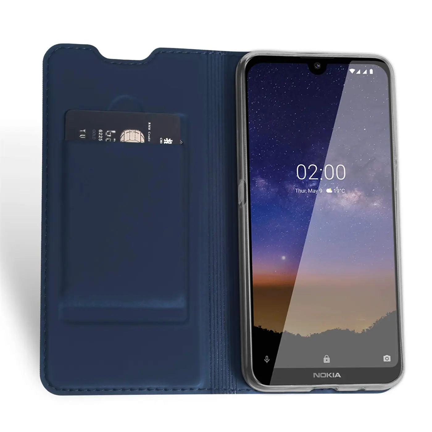 Dunkelblaue Klapphülle aus Kunstleder mit Kartenfach, zeigt Nokia 2.2 von vorne.