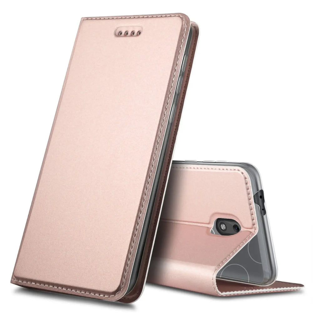 Metallic rosegoldene Klapphülle aus Kunstleder für Nokia 2.2, von vorne, mit integriertem Ständer.