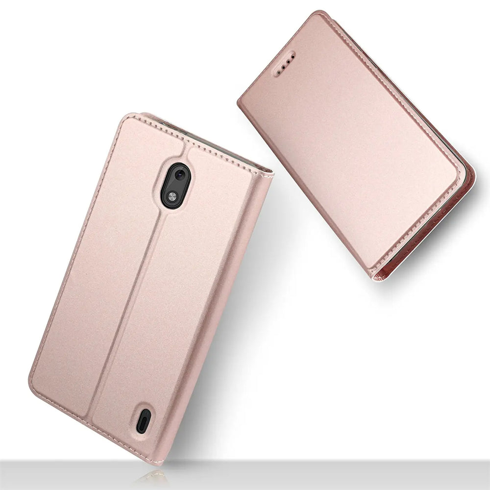 Roségoldene Klapphülle aus Kunstleder für Nokia 2.2, von vorne und oben gezeigt.