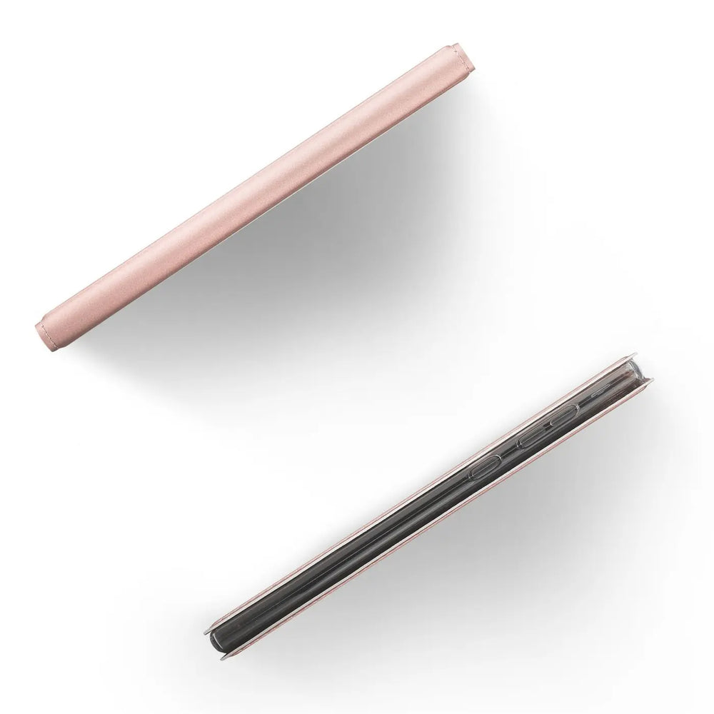 Zwei Metallic-Flip-Hüllen, eine roségoldene, eine schwarze, für Nokia 2.2, von oben und Seite.