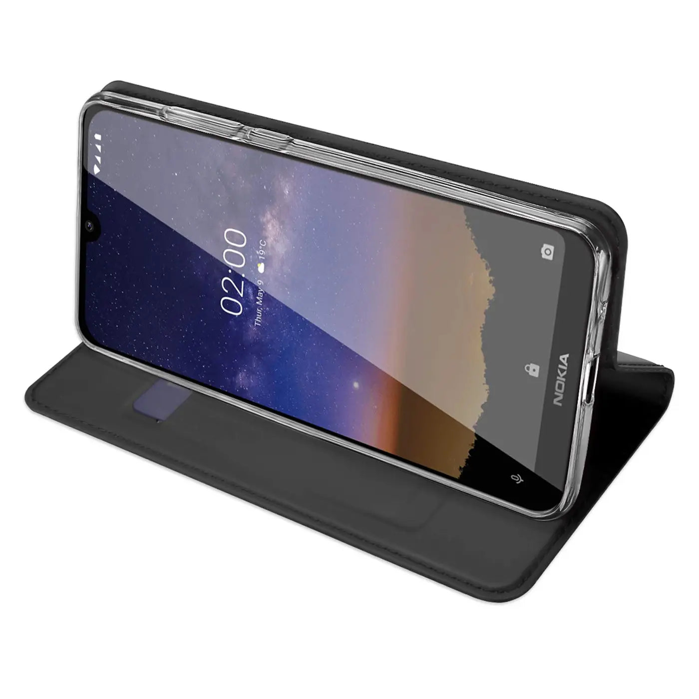 Schwarze Klapphülle aus Kunstleder mit transparentem Rahmen für Nokia 2.2, von vorne schräg