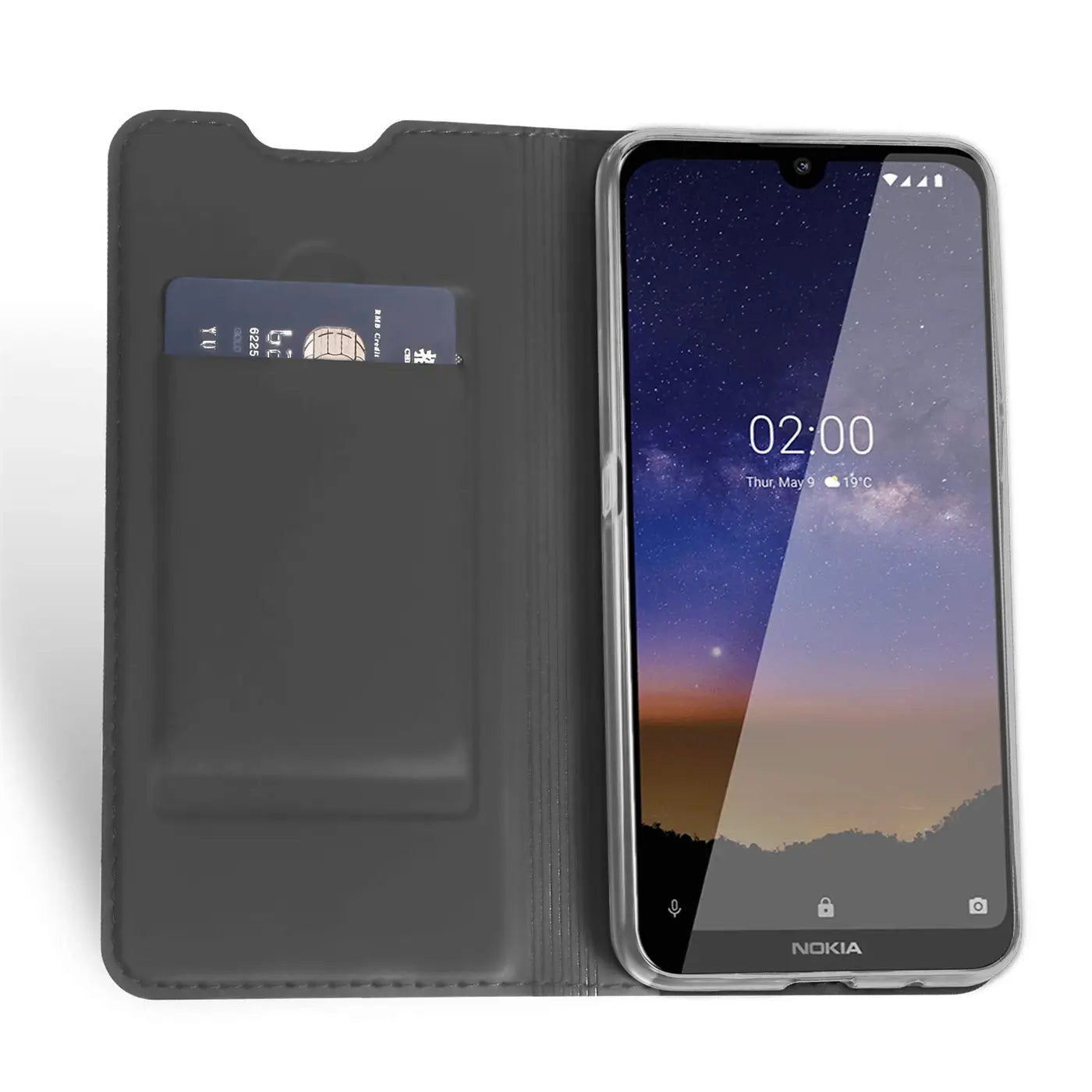 Graue Kunstleder-Klapphülle mit Kartenschlitz, zeigt Nokia 2.2 von vorne.
