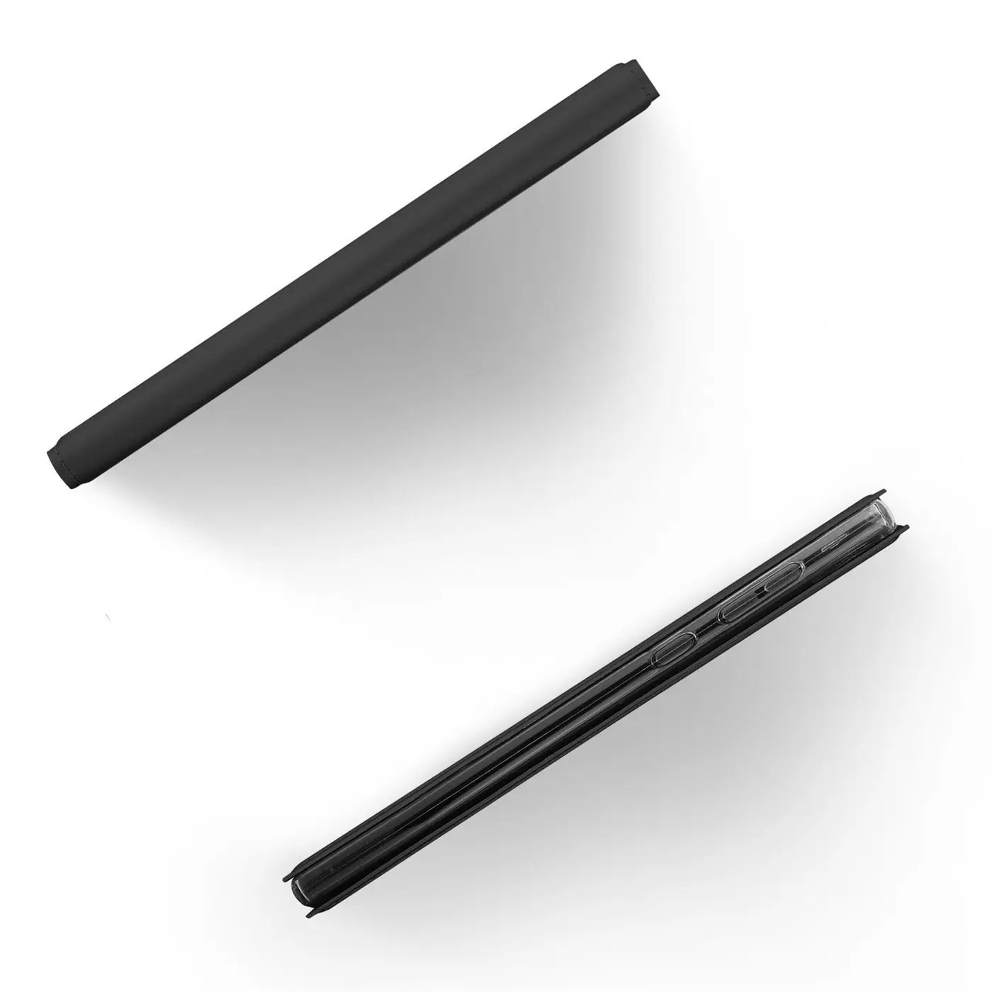 Schwarze, metallische Klapphülle für Nokia 2.2, von oben und Seite gezeigt.