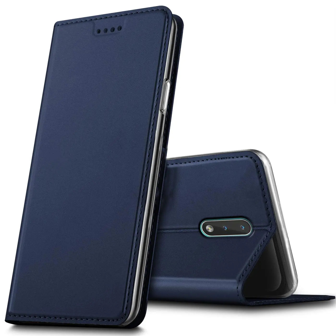 Dunkelblaue Leder-Flip-Hülle für Nokia 2.3, von vorne, offen, mit Blick auf die Kamera.