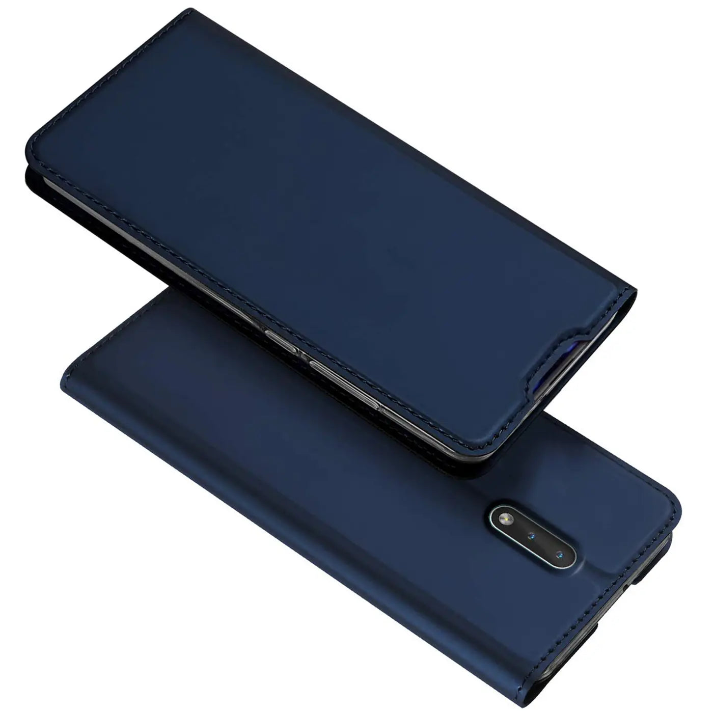 Dunkelblaue Leder-Flip-Hülle für Nokia 2.3, von oben fotografiert.