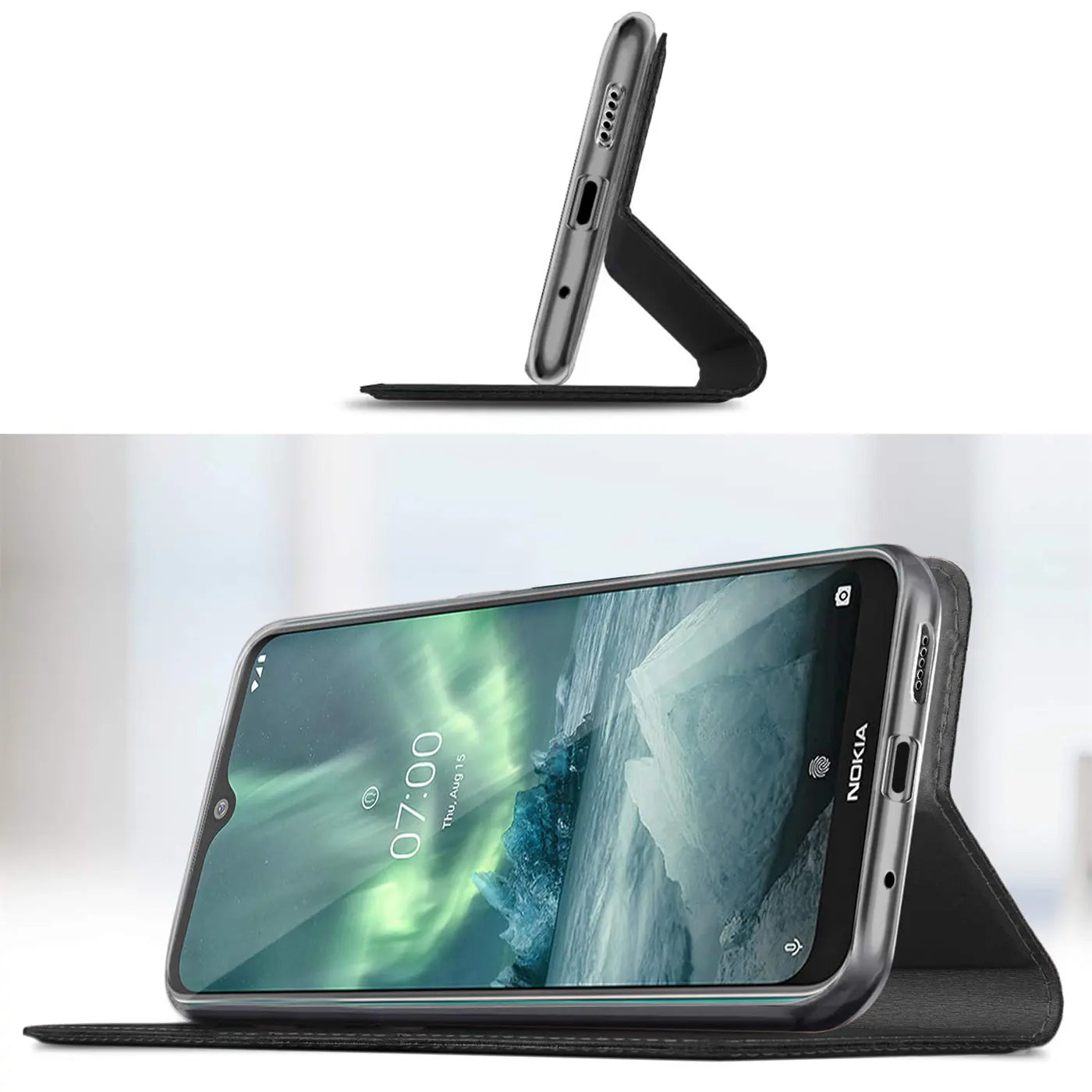 Nokia 2.3 in schwarzer Klapphülle aus Kunstleder, von der Seite und schräg von vorne gezeigt.