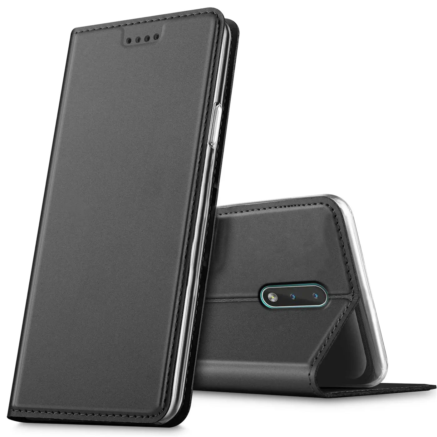 Dunkelgraue Kunstleder-Flip-Hülle für Nokia 2.3, von vorne und hinten gezeigt.