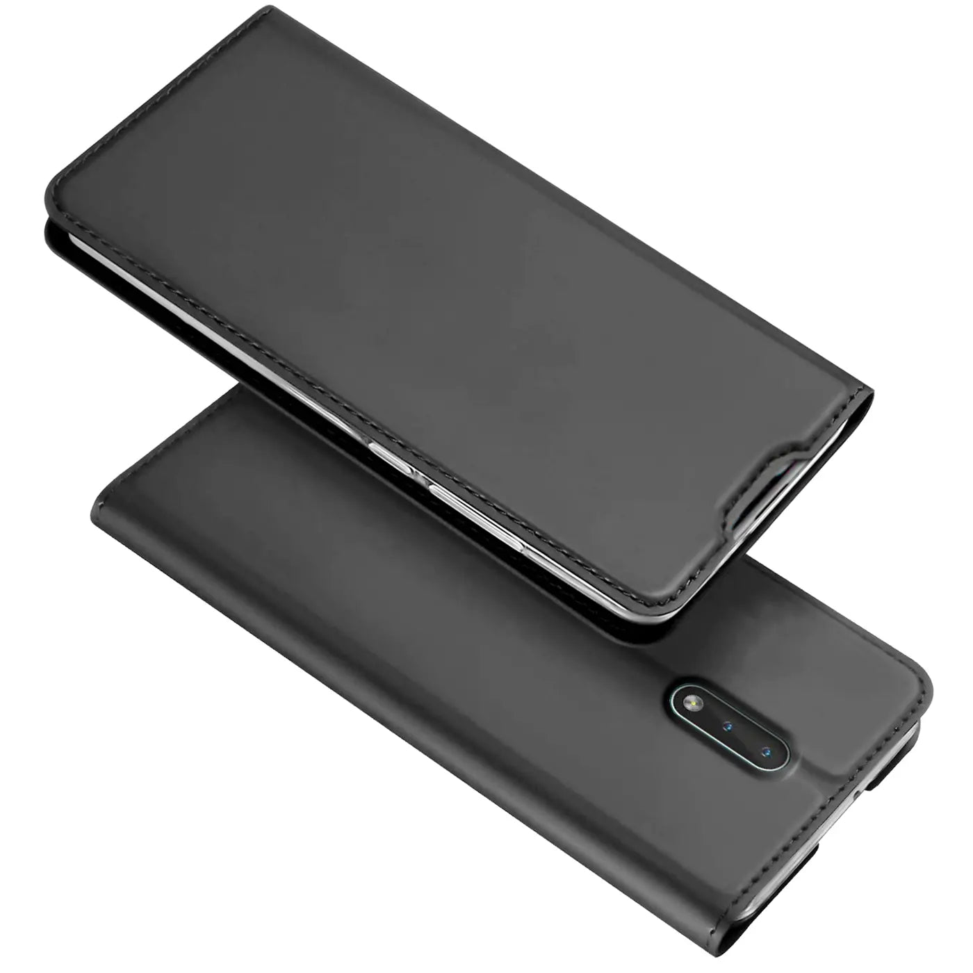 Graue Leder-Flip-Hülle für Nokia 2.3, von oben/seitlich gezeigt.