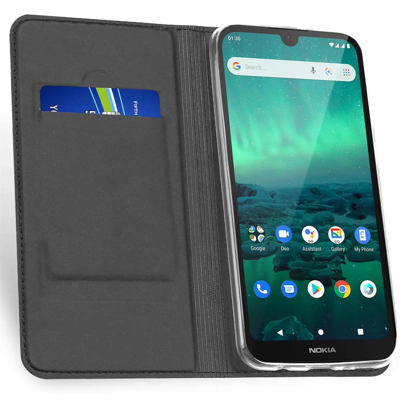 Dunkelgraue Kunstleder-Flip-Hülle mit Kartenfach, zeigt Nokia 2.3 von vorne, leicht schräg.