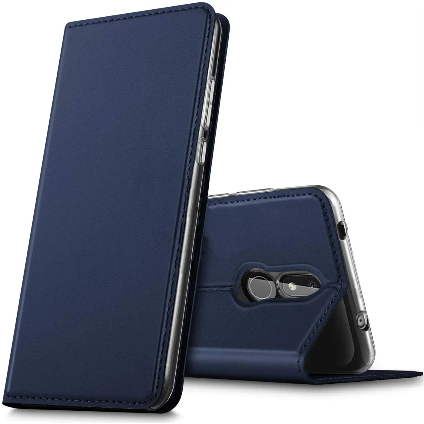 Dunkelblaue Kunstleder-Flip-Hülle für Nokia 2.4, von vorne links, mit offenem Rückteil.