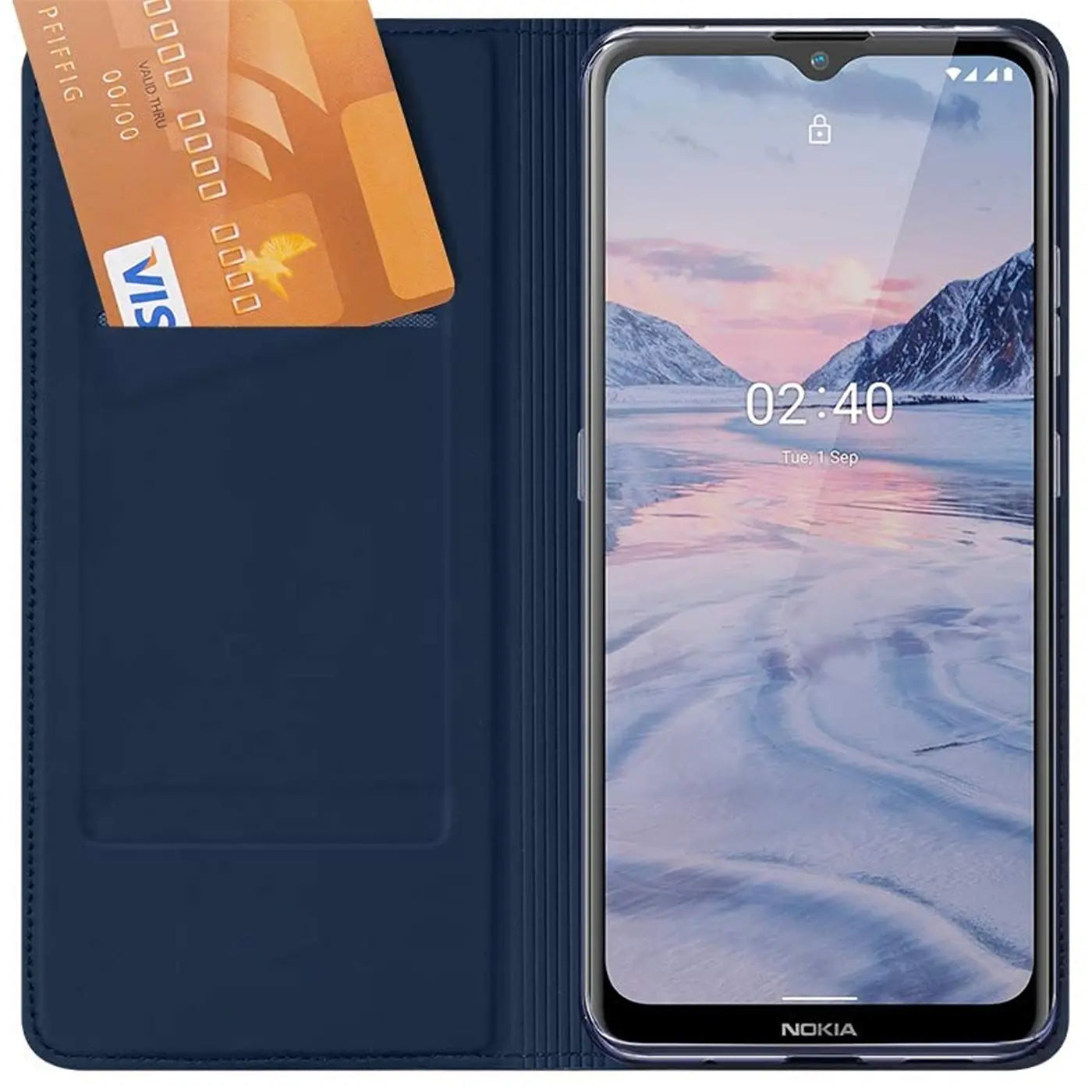 Dunkelblaue Kunstleder-Flip-Hülle mit Kartenfach für Nokia 2.4, von vorne