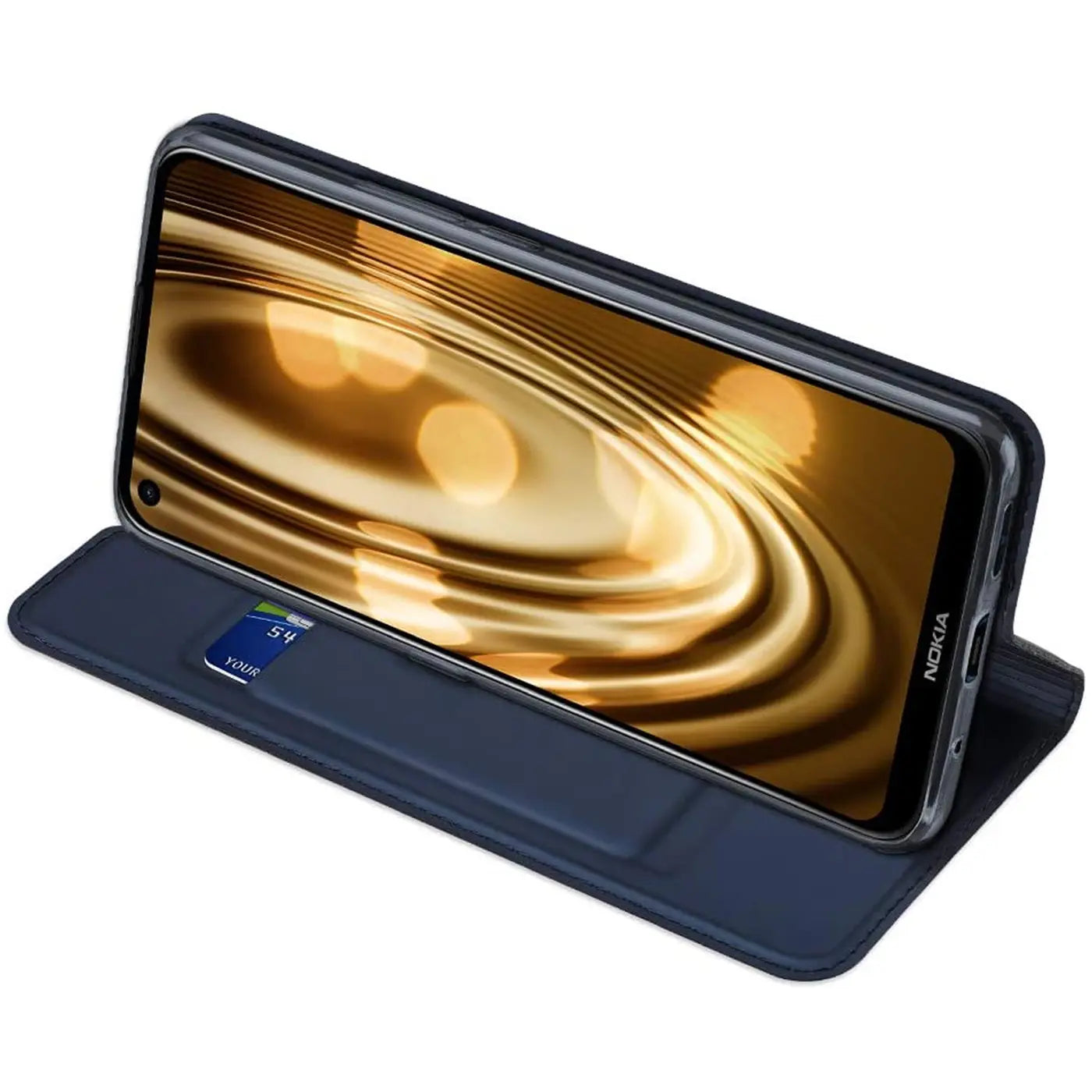 Dunkelblaue Klapphülle aus Kunstleder für Nokia 2.4, von vorne schräg gezeigt.