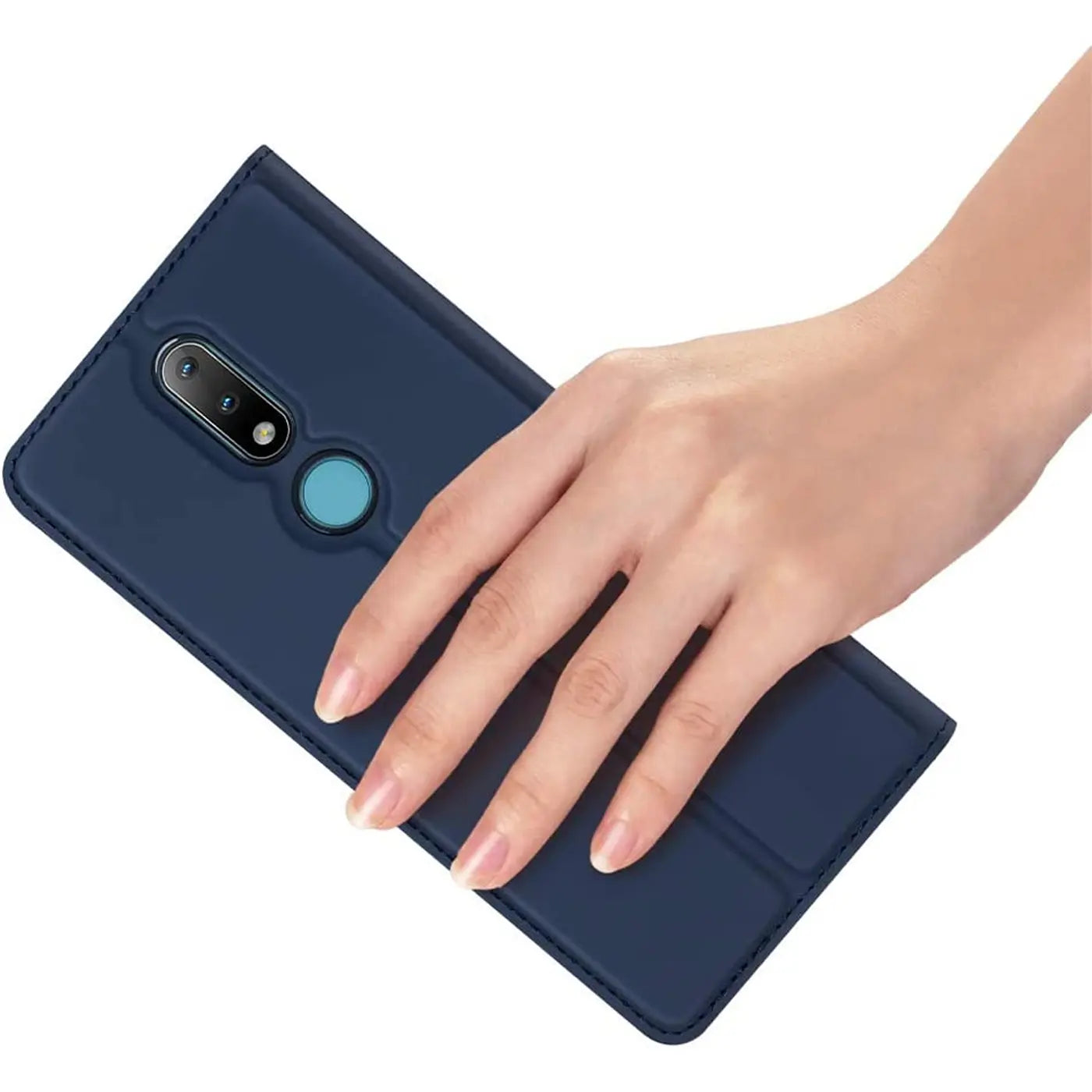 Dunkelblaue Kunstleder-Flip-Hülle für Nokia 2.4, von oben schräg gezeigt.