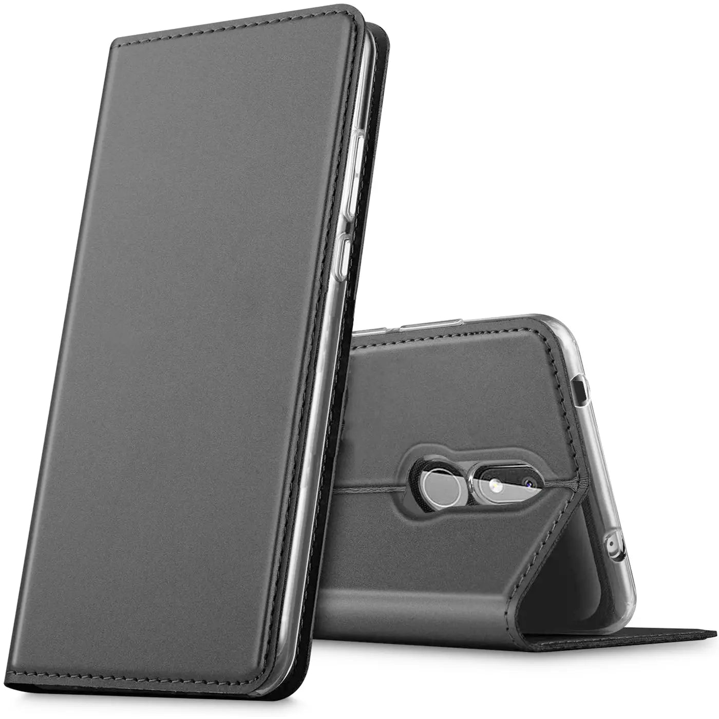 Graue Kunstleder-Flip-Hülle für Nokia 2.4, von vorne links, aufrecht stehend.