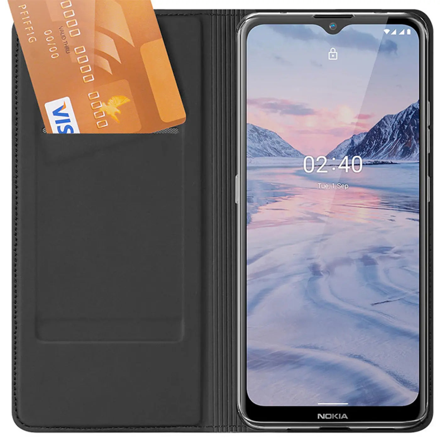 Schwarze Leder-Flip-Hülle mit Kartenfach, zeigt Nokia 2.4, von vorne