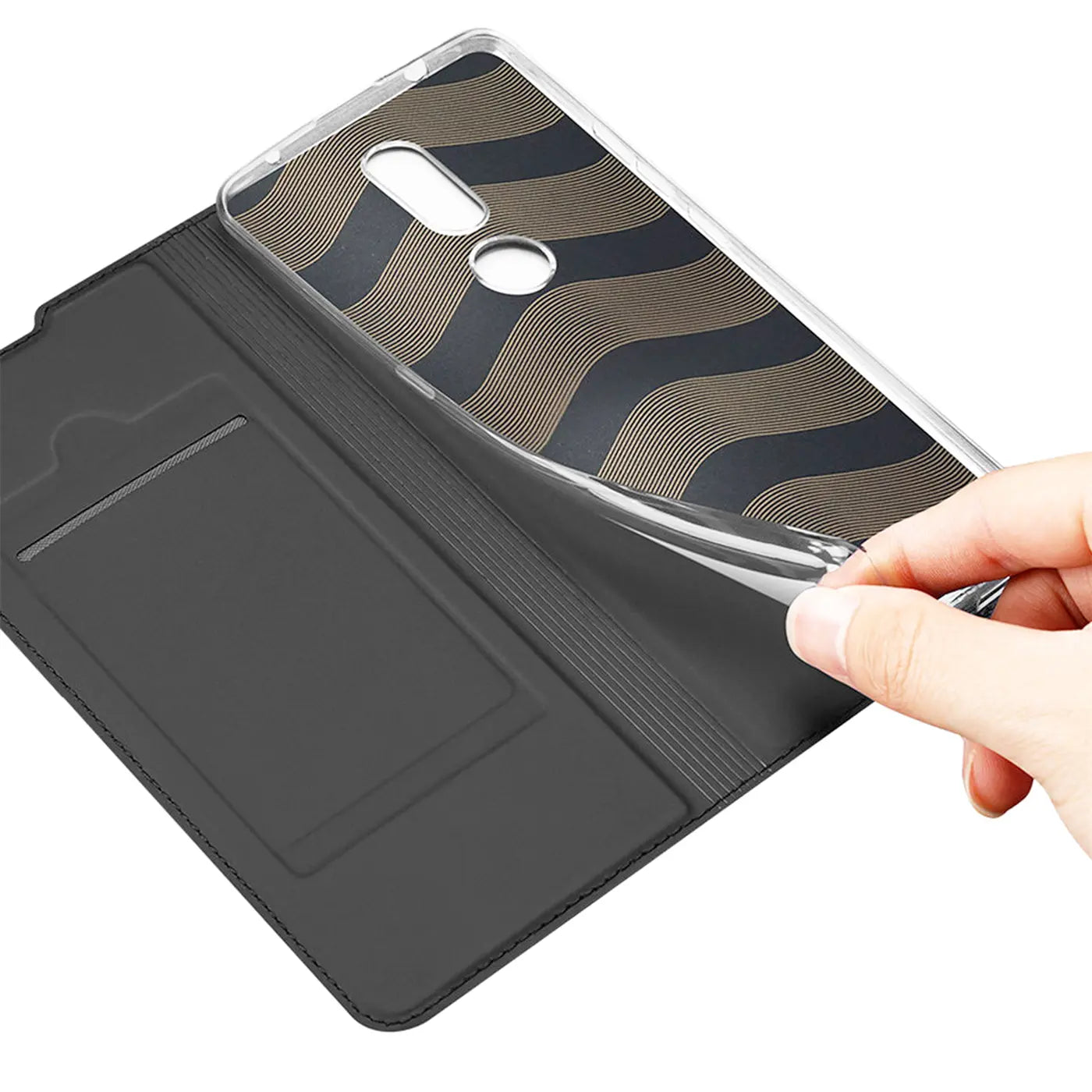 Graue Kunstleder-Flip-Hülle mit Muster-Rückseite für Nokia 2.4, von oben gesehen.