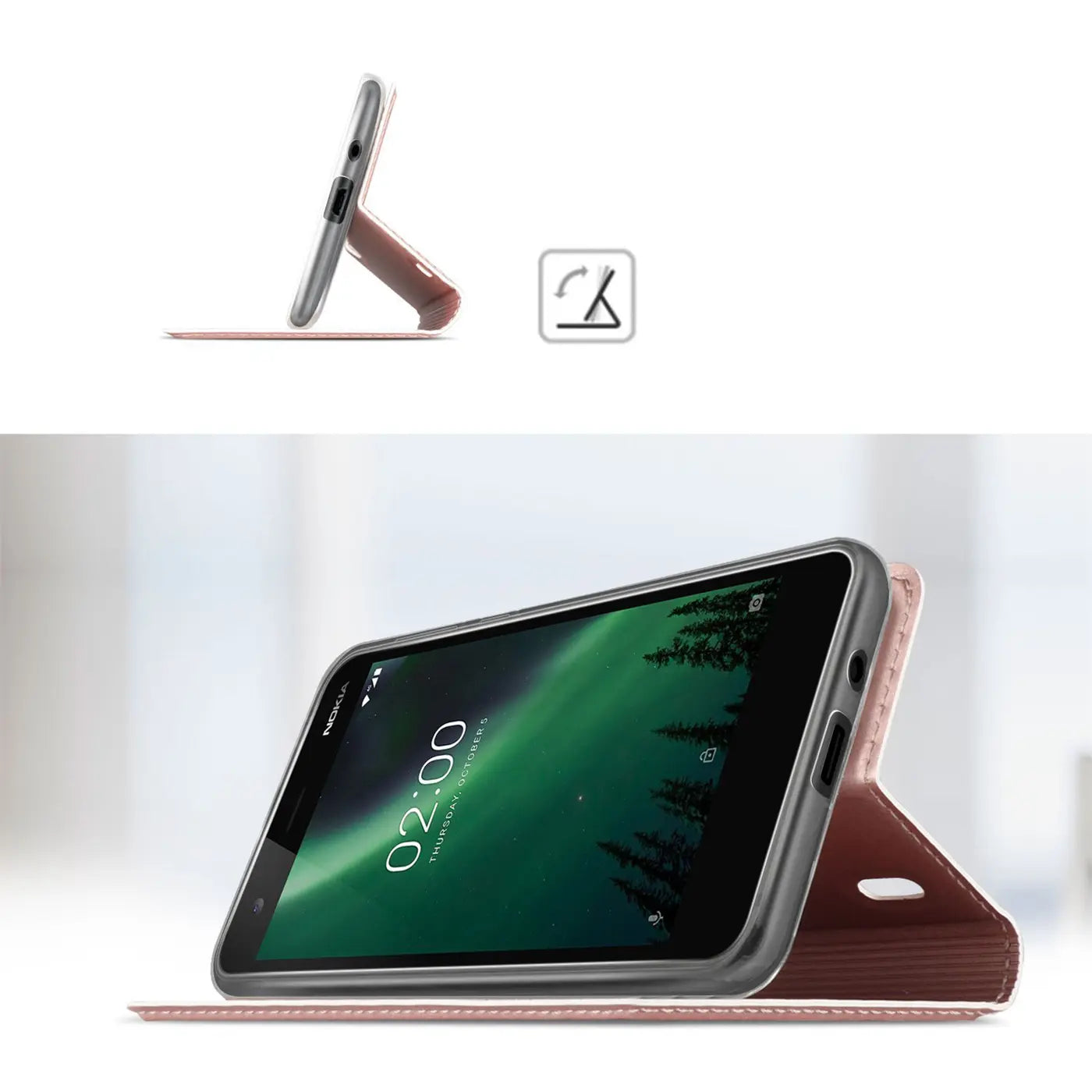 Nokia 2 in roségoldener Klapphülle, seitliche Ansicht, aufgestellt