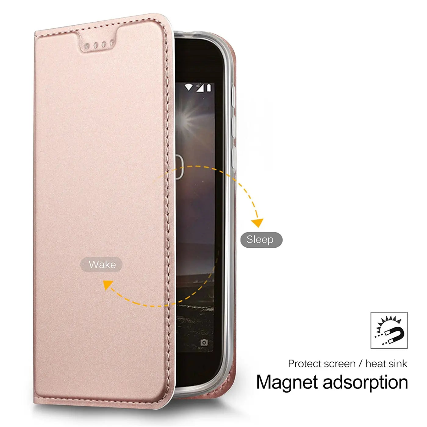 Metallic rosegoldene Klapphülle aus Kunstleder für Nokia 2, von vorne, mit offenem Deckel.