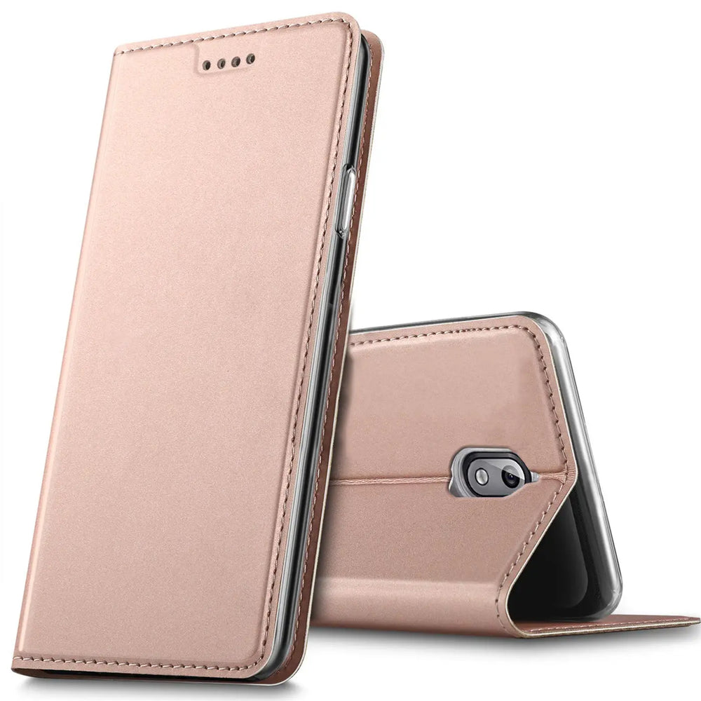 Rosafarbene Metallic-Flip-Hülle aus Kunstleder, seitliche Ansicht, für Nokia 3.1