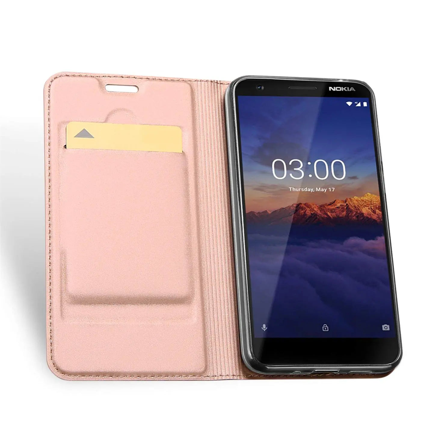Rosa Klapphülle aus Kunstleder mit Kartenfach, zeigt Nokia 3.1 von vorne, leicht schräg.