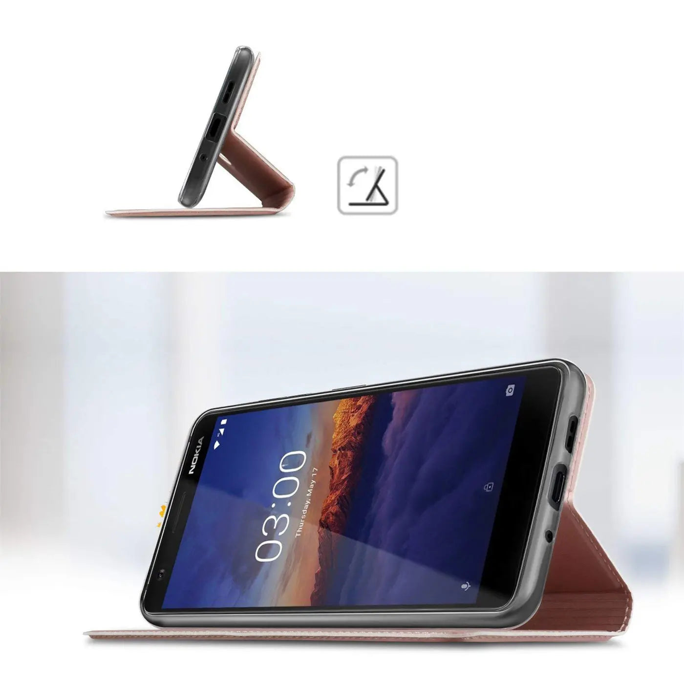 Nokia 3.1 in rosegoldener Klapphülle, von vorne, aufgestellt als Ständer