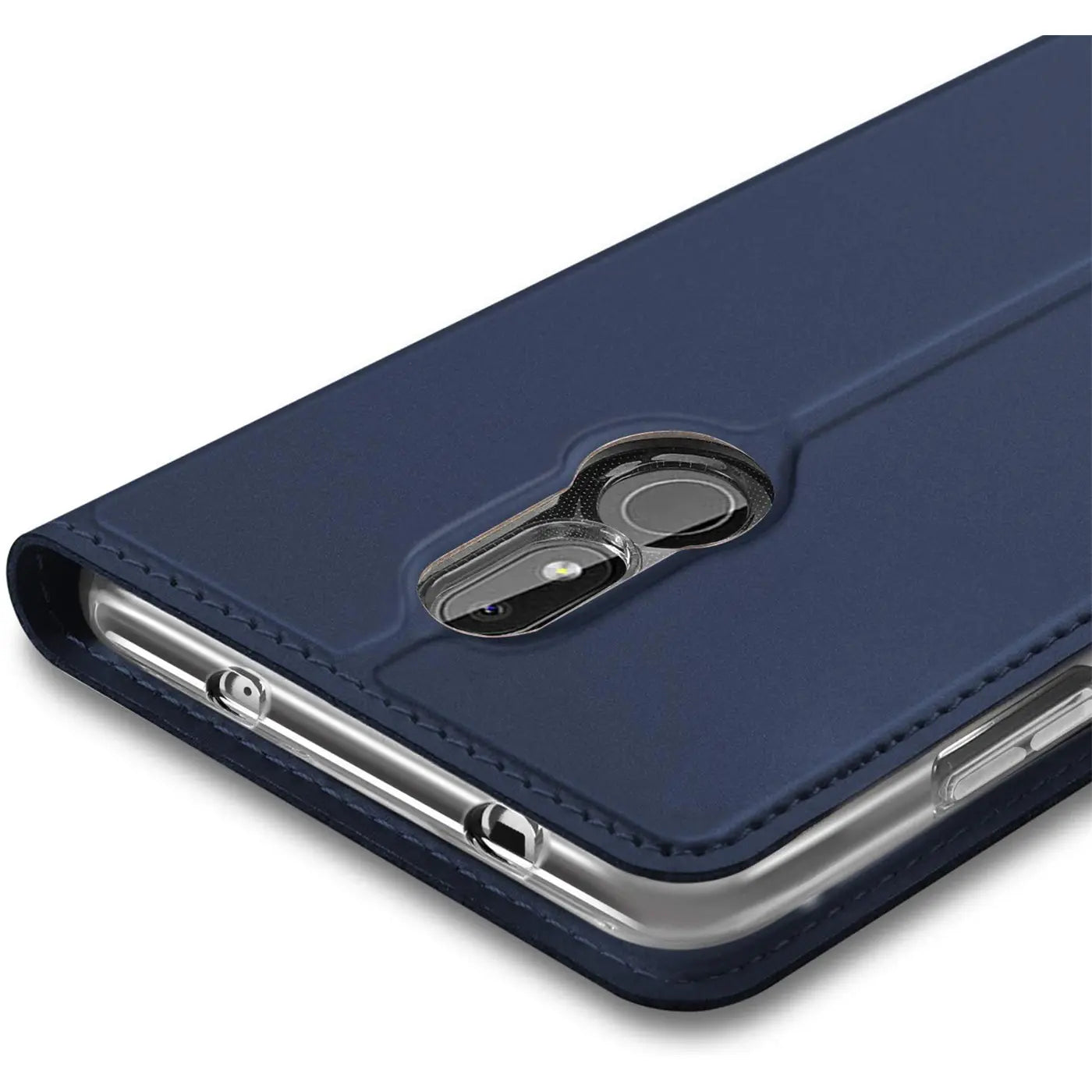 Dunkelblaue Leder-Flip-Hülle für Nokia 3.2, Rückansicht, Nahaufnahme.