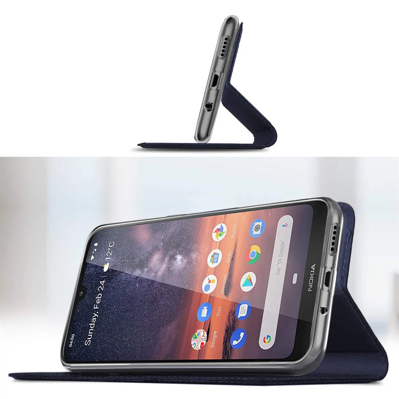 Dunkelblaue Klapphülle aus Kunstleder für Nokia 3.2, seitliche Ansicht, aufgestellt.