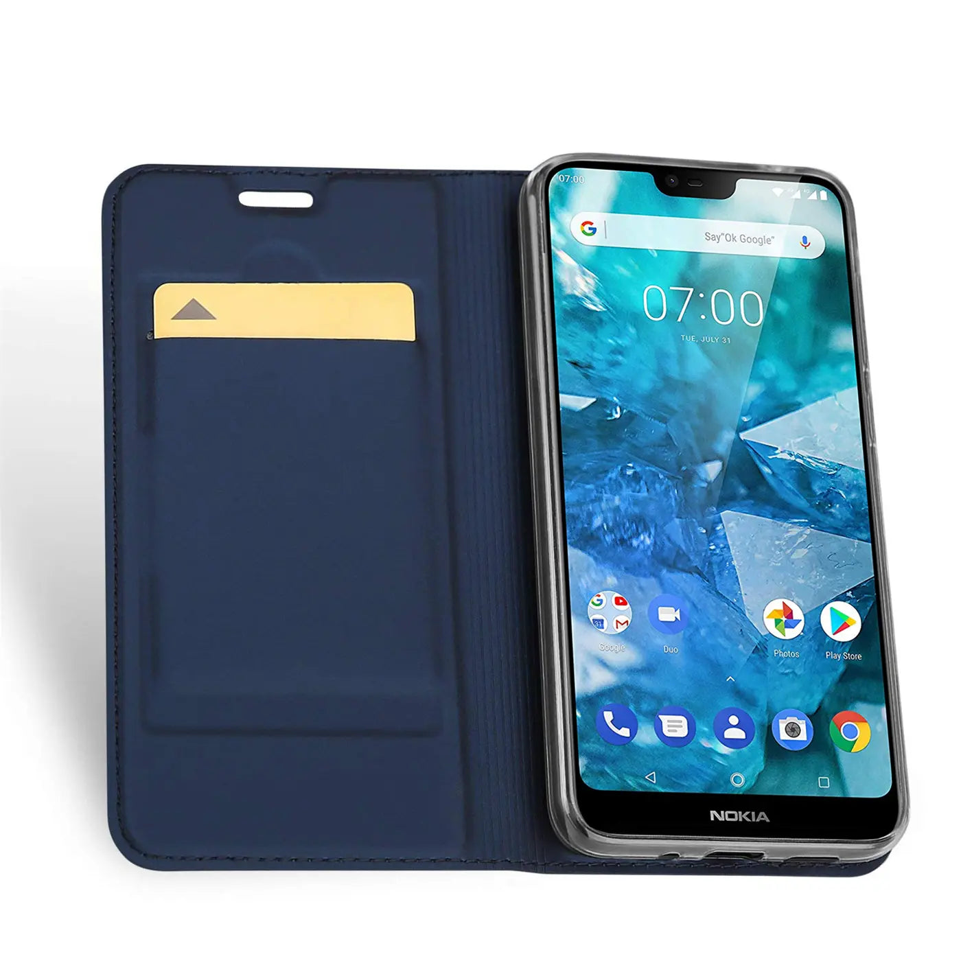 Dunkelblaue Klapphülle aus Kunstleder mit Kartenschlitz, zeigt Nokia 3.2 von vorne.